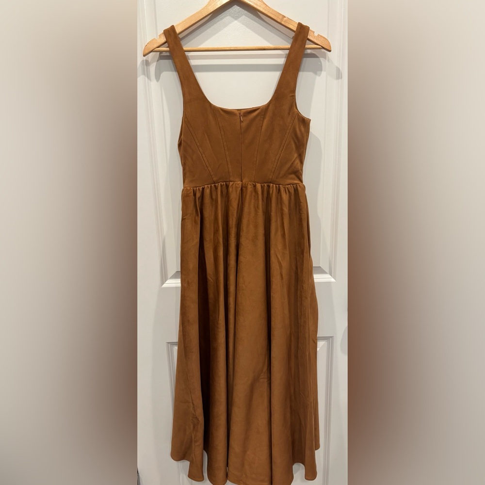 Wayf Faux Suede Tan Midi Dress with Pockets - Picture 4 of 6